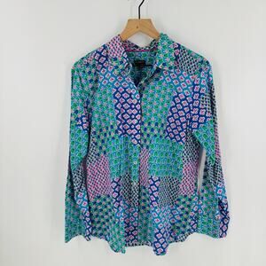 Talbots Button Down Shirt M Blue Green Pink‎ Geometric Patchwork Print Patchwork